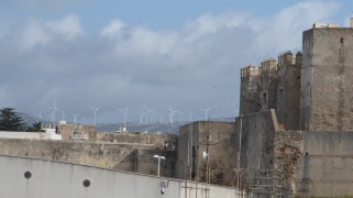 From the deck: Ancient Spanish city walls; modern Spanish windmills.